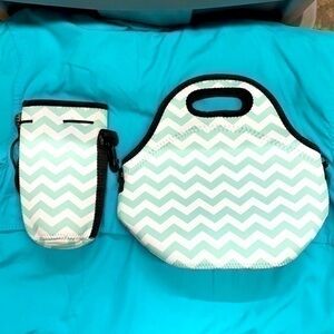 Lunch Bag & Drink Holder Neoprene Teal Chevron